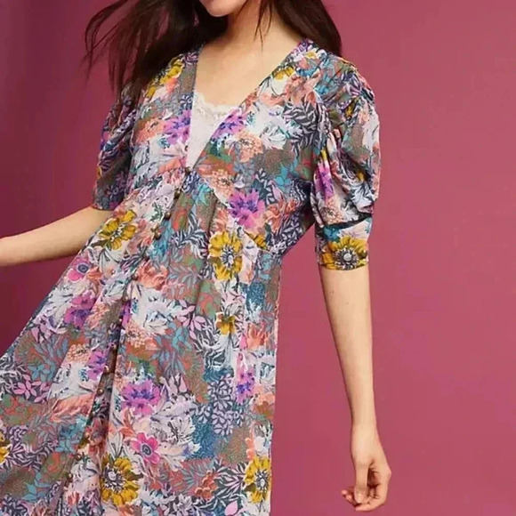 Anthropologie Akemi+Kin Valencia Sheer Multicolor Floral Boho Ruched Sleeves XS - Picture 2 of 16